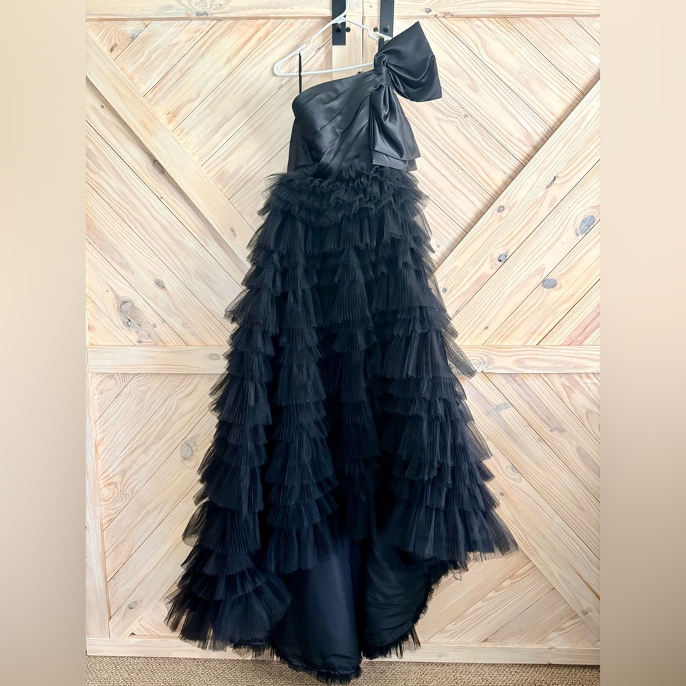 Custom Made CELEB Black Tiered Tulle One Shoulder Ruffle Gown with Bow